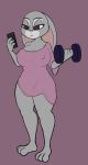  3_fingers 3_toes big_breasts breasts clothing disney dumbbell female jessijinx judy_hopps lagomorph mammal nipple_bulge nipples phone rabbit shirt simple_background solo standing toes weights wide_hips zootopia 