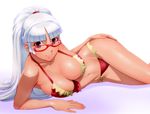  arm_support bangs bikini blunt_bangs blush breasts cleavage dark_skin front-tie_top glasses hands_on_hips high_ponytail hips large_breasts long_hair looking_at_viewer looking_over_eyewear lying on_side original parted_bangs ponytail purple_eyes red-framed_eyewear red_bikini shiny shiny_skin simple_background smile solo swimsuit ueyama_michirou white_hair 