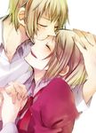  1girl axis_powers_hetalia bad_id bad_pixiv_id blonde_hair blush brother_and_sister closed_eyes happy holding_hands interlocked_fingers kiss liechtenstein_(hetalia) short_hair siblings smile sumi_(38page) switzerland_(hetalia) 