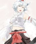  animal_ears bad_id bad_pixiv_id bare_shoulders brown_eyes detached_sleeves fangs hat inubashiri_momiji midriff open_mouth ribbon shield short_hair silver_hair sketch solo somsom tail tokin_hat touhou wolf_ears wolf_tail 