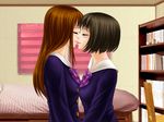  2girls bed chair eyes_closed female incipient_kiss kiss long_hair love multiple_girls room school_uniform short_hair yuri 