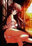  absurdres areolae ass bare_legs barefoot breasts brown_hair cameltoe copyright_request feet highres japanese_clothes large_breasts legs long_hair mikeou miko no_bra off_shoulder panties purple_eyes scan sitting solo sunset thighs trefoil underwear undressing 