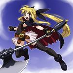  alternate_weapon bad_id bad_pixiv_id bardiche blonde_hair cape day fate_testarossa getter_robo long_hair lyrical_nanoha mahou_shoujo_lyrical_nanoha parody rohitsuka sky solo thighhighs tomahawk twintails weapon 