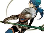  armor blue_hair cu_chulainn_(fate/prototype) earrings fate/prototype fate_(series) gae_bolg jewelry kakesu_(freiheit) long_hair male_focus polearm ponytail red_eyes solo spear weapon 