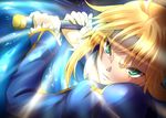  action ahoge armor artoria_pendragon_(all) bad_id bad_pixiv_id blonde_hair charging dress excalibur face fate/zero fate_(series) green_eyes long_hair looking_at_viewer pokimari saber solo weapon 