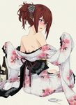  alcohol alternate_hairstyle back bare_back bare_shoulders blue_eyes blush bottle brown_hair cherry_blossoms clothes_down cup drunk embarrassed floral_print flower from_behind furisode hair_ornament hair_up japanese_clothes kanzashi kimono long_hair looking_at_viewer looking_back makise_kurisu nape no_bra obi off_shoulder open_mouth petals saipaco sakazuki sake sake_bottle sash solo steins;gate tabi tears undressing 
