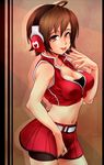  :p ahoge bike_shorts breasts brown_eyes brown_hair cleavage headphones highres itsuki_(otsugei) large_breasts meiko midriff navel short_hair skirt smile solo tongue tongue_out vocaloid 