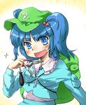  backpack bag blue_eyes blue_hair blush fang hair_bobbles hair_ornament hat kawashiro_nitori key pliers screwdriver solo symbol-shaped_pupils taker_(flamestorm) touhou two_side_up upper_body wrench 