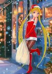  acrylic_paint_(medium) bad_id bad_pixiv_id banned_artist bare_shoulders bishoujo_senshi_sailor_moon blonde_hair blue_eyes boots christmas full_body hat long_hair pantyhose pastel_(medium) santa_costume santa_hat sarah_sauge snow snowing solo standing standing_on_one_leg traditional_media tsukino_usagi twintails very_long_hair 