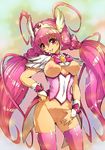  blush bottomless bow breasts choker cure_happy eyelashes hisahiko hoshizora_miyuki long_hair magical_girl medium_breasts open_mouth pink_bow pink_choker pink_eyes pink_hair pink_legwear precure pussy smile smile_precure! solo thighhighs twintails uncensored very_long_hair 