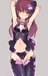  armpits blush breasts cleavage highres medium_breasts navel original purple_hair simple_background solo tarayama thighhighs yellow_eyes 