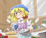  baking blonde_hair blue_eyes braid can food fruit head_scarf kirisame_marisa messy mixer_(cooking) mixing_bowl solo strawberry surprised taker_(flamestorm) touhou 