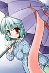  akou_roushi alternate_costume aqua_eyes aqua_hair blush breasts heterochromia impossible_clothes impossible_sweater karakasa_obake looking_at_viewer looking_back pinky_out purple_umbrella red_eyes ribbed_sweater short_hair small_breasts smile solo sweater tatara_kogasa tongue touhou umbrella 