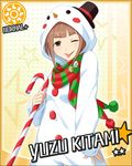  artist_request badge brown_eyes brown_hair button_badge candy candy_cane card_(medium) character_name costume food holding holding_candy_cane idolmaster idolmaster_cinderella_girls kitami_yuzu multicolored multicolored_clothes multicolored_scarf official_art pom_pom_(clothes) scarf snowman_costume solo star striped striped_scarf sun_(symbol) tongue tongue_out 