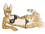  anthro bracelet cat chessa clothed clothing ears ears_up fangs feline female green_eyes jewelry lying mammal on_side raw-head serval skimpy smile solo swimsuit teeth tight_clothing tsaiwolf 