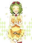  argyle argyle_background bad_id bad_pixiv_id goggles goggles_on_head green_hair gumi hagiwara_hatoba open_mouth short_hair skirt smile solo translated vocaloid wrist_cuffs 