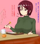  breasts chopsticks earrings eating food fruit green_shirt highres jewelry kotatsu large_breasts mandarin_orange okyou ribbed_sweater shirt sitting solo sweater table the_king_of_fighters translation_request turtleneck whip_(kof) 