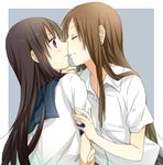  2girls black_eyes black_hair blush brown_hair chin_grab eyes_closed female hug incipient_kiss kiss long_hair love multiple_girls school_uniform source_request surprised very_long_hair yuri 