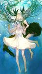  arm_grab bare_shoulders barefoot black_dress closed_eyes dress dual_persona floating_hair green_hair hair_ribbon hatsune_miku highres hug long_hair multiple_girls ribbon shinkai_shoujo_(vocaloid) smile twintails underwater very_long_hair vocaloid white_dress zrero 