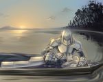  1girl ahoge armor armored_dress artoria_pendragon_(all) bedivere blonde_hair boat burial_at_sea death dress fate/stay_night fate_(series) flower funeral gauntlets hair_ribbon kariya-kun lake muted_color ribbon saber sunset tears water watercraft 