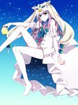  alternate_color animal_hat apple aqua_background bad_id bad_pixiv_id blue_background blue_eyes brown_hair food fruit gradient gradient_background hat holding holding_food holding_fruit long_hair long_legs mawaru_penguindrum princess_of_the_crystal solo suzushiro takakura_himari thighhighs white white_legwear 