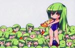  artist_request bangs c.c. chibi clone code_geass food green_hair holding_pizza long_hair multiple_girls one-piece_swimsuit pizza slice_of_pizza swimsuit 
