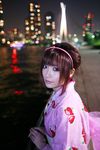  1girl cityscape hairband highres japanese_clothes kimono night night-shots photo real shio solo strawberry_pattern water waterfront 