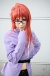  ari_(model) bangs belt cosplay female glasses highres karin_(naruto) karin_(naruto)_(cosplay) looking_at_viewer midriff naruto naruto_shippuuden photo red_hair redhead solo upper_body 