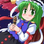  against_tree blush cherry_blossoms geetsu green_eyes green_hair hat long_hair oekaki petals ribbon rod_of_remorse shiki_eiki smile solo touhou tree 