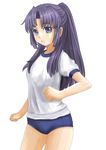  asakura_ryouko black_hair blue_eyes buruma cowboy_shot gym_uniform ikara long_hair looking_at_viewer shirt sidelocks simple_background solo sportswear suzumiya_haruhi_no_yuuutsu thighs white_background white_shirt 