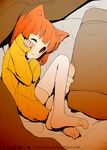  animal_ears aoki_shin bad_id bad_pixiv_id feet one_eye_closed orange_hair original pillow red_eyes sleepy socks solo thighhighs 