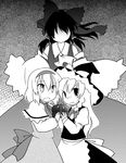  :d alice_margatroid apron bow braid dress faceless faceless_female grey_background greyscale hair_bow hakurei_reimu hat holding kirisame_marisa long_hair looking_at_viewer monochrome multiple_girls open_mouth shaomin short_hair simple_background single_braid smile touhou very_long_hair waist_apron witch_hat yuri 