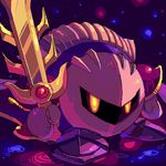  cape galaxia_(sword) kirby_(series) light_particles lowres mask meta_knight no_humans oekaki ookami_(pixiv27280) solo sword weapon yellow_eyes 