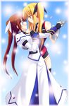  blonde_hair blush fate_testarossa holding_hands lyrical_nanoha magical_girl mahou_shoujo_lyrical_nanoha_strikers multiple_girls saki_chisuzu takamachi_nanoha thighhighs twintails yuri 