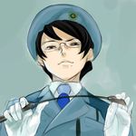  bad_id bad_pixiv_id bangs bdsm beret black_eyes black_hair collared_shirt emblem evil_grin evil_smile from_below glasses gloves grin gundam gundam_00 half-closed_eyes hat holding kati_mannequin looking_at_viewer mature military military_uniform mole mole_under_mouth necktie parted_bangs parted_lips riding_crop rimless_eyewear shimotsuki_eight shirt short_hair simple_background sketch smile solo swept_bangs uniform upper_body white_gloves 