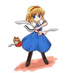  alice_margatroid black_footwear blonde_hair blue_dress boots capelet doll dress flying full_body holding holding_sword holding_weapon kneehighs knife kukri legs_apart looking_at_viewer red_dress rokugou_daisuke shanghai_doll short_hair size_difference solo standing sword touhou weapon white_capelet 
