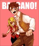  1girl baccano! bad_id bad_pixiv_id blonde_hair blue_eyes burn_scar copyright_name couple eyepatch fingerless_gloves glasses gloves hetero jacuzzi_splot nice_holystone open_mouth scar simple_background sudachips tears teeth 