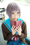  book cardigan cosplay glasses highres nagato_yuki photo sailor sailor_uniform school_uniform serafuku suzumiya_haruhi_no_yuuutsu tamaki_shuri 