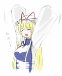  :d ^_^ arms_up blonde_hair blush closed_eyes hat hat_ribbon long_sleeves mob_cap open_mouth red_ribbon ribbon seo_tatsuya simple_background sleeves_past_wrists smile solo tabard touhou upper_body white_background yakumo_yukari 