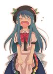  blue_hair blush bow closed_eyes crying food fruit hat hinanawi_tenshi long_hair peach ribbon simple_background solo tears touhou uiru 