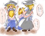  2girls alice_margatroid black_dress blonde_hair blue_dress blush boots bow capelet closed_eyes d: dress hairband hat hug kirisame_marisa kneeling loafers long_hair multiple_girls nervous nose_blush open_mouth sayuu_hanten shoes sketch standing surprised tearing_up tears touhou translated v-shaped_eyebrows wavy_mouth witch_hat 