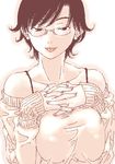  :p bare_shoulders blush breast_suppress breasts copyright_request glasses gusu large_breasts lowres monochrome oekaki pink sepia short_hair solo sweater tongue tongue_out 