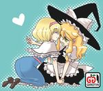  ^_^ alice_margatroid all_fours ass bangs blonde_hair blue_background capelet closed_eyes girotin_ginza green_eyes halftone halftone_background hat heart hips holding_hands indian_style kirisame_marisa long_hair looking_at_another lowres multiple_girls open_mouth sash shoes sitting smile sweatdrop touhou witch_hat 