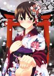  blush brown_eyes brown_hair hair_ornament hands hands_together holding_hands japanese_clothes kanzashi kimono kyougoku_shin new_year out_of_frame own_hands_together pov pov_hands snow solo_focus torii wakamoto_tetsuko world_witches_series 