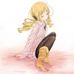  abe_kanari black_legwear blonde_hair closed_eyes drill_hair hair_ornament highres mahou_shoujo_madoka_magica pantyhose ribbed_sweater smile solo sweater tomoe_mami twin_drills twintails 