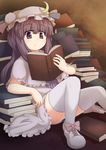  bad_id bad_pixiv_id book bow crescent dress hat highres holding holding_book long_hair mesou-san open_book open_mouth panties patchouli_knowledge purple_eyes purple_hair ribbon sitting solo thighhighs touhou underwear white_legwear white_panties 