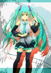  aqua_eyes aqua_hair bad_id bad_pixiv_id detached_sleeves hatsune_miku long_hair microphone necktie skirt smile solo thighhighs tsukimushi twintails very_long_hair vocaloid 