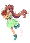  :d animal_ears bad_id bad_pixiv_id bare_shoulders blush boots bouquet brown_hair cat_ears collarbone dress fang flower green_skirt hair_ornament hairclip heart highres holding long_hair open_mouth original ribbon rose sasori_gatame_(krizpi) simple_background skirt smile solo strapless strapless_dress tan thigh_boots thighhighs very_long_hair white_background white_flower white_rose yellow_eyes 