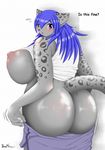  big_butt blue_hair blush breasts butt chubby clothing feline female furry hair huge_ass huge_breasts huge_butt hyper hyper_breasts large_breasts leopard looking_at_viewer mammal nipples overweight pants pants_down plump shirt shirt_lift shorts snow_leopard solo tiny_head translated undressing ymbk 
