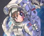  american_flag astronaut blush brown_eyes brown_hair cloud earth kiichi morita_yukari rocket_girls solo space space_craft space_shuttle spacesuit star_(sky) 